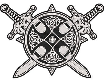Viking Mjolnir Circle Patch – Thor’s Hammer Knotwork Norse Symbol Embroidered Back Patch with Viking Swords 30x21cm-12x9"