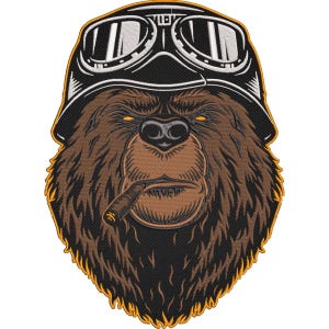 May include: Embroidered patch featuring a brown bear wearing a black motorcycle helmet with goggles. The bear is smoking a cigar and has yellow eyes. The patch has a black and gold border.