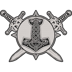 May include: A black and white embroidered patch featuring a central circular emblem with a detailed Mjolnir hammer design, characterised by intricate knotwork and stylised animal heads, positioned over two crossed swords with ornate hilts.