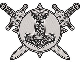 Viking Mjolnir Knotwork Patch – Thor’s Hammer Norse Symbol Embroidered Back Patch with Viking Swords 30x21cm-12x9"
