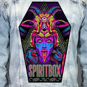 Spiritbox - doodskistvorm bedrukte rugpatch, heavy metal horror gevechtsvest patch, grote sublimatie gedrukte embleemembleem op jas 26 x 40 cm