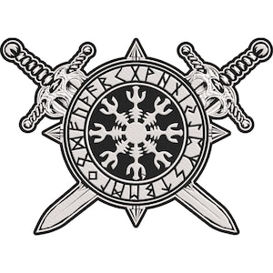 Op de afbeelding: Een zwart-witte geborduurde patch met een centraal Helm van Aegir-symbool omringd door een cirkelvormige rand van runentekens, geplaatst over twee gekruiste zwaarden met gedetailleerde gevesten en bladen, wat een symmetrisch ontwerp vormt.