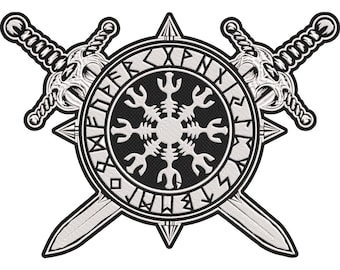 Vegvísir Viking Compass Patch – Norse Mythology Embroidered Biker Back Patch with Runic Circle 30x21cm-12x9"
