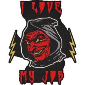 May include: Embroidered patch showing a red devil face with a sinister grin, wearing a black hood. The text "I LOVE MY JOB" is in red, with yellow lightning bolts either side. The patch is on a black background.