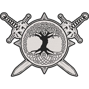 May include: A black and white embroidered patch featuring a circular design with a central tree silhouette surrounded by intricate Celtic knotwork. Two crossed swords are positioned behind the circle, with their hilts and blades visible.