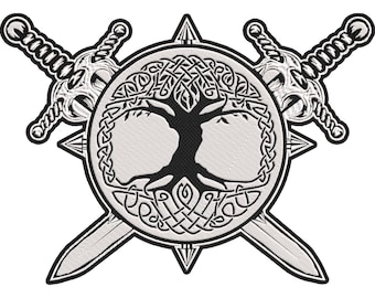 Viking Yggdrasil Tree of Life Rune Circle with Crossed Swords Embroidered Patch – Norse Mythology Symbol 30x21cm-12x9"