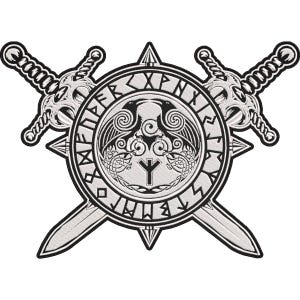 May include: A black and white embroidered patch featuring two crossed swords behind a circular emblem. The centre displays two ravens above a central rune symbol, surrounded by a border of runic characters. The design has a high-contrast finish.