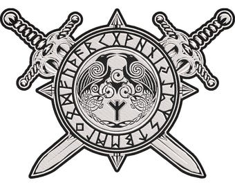Viking Raven Patch – Odin Huginn Muninn Norse Mythology Biker Back Patch with Nordic Runes 30x21cm-12x9"