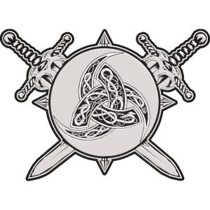 May include: A black and white embroidered patch featuring a circular emblem with a central triquetra knot design. Two crossed swords are positioned behind the circle, with their hilts and blades extending outward. The design is outlined in black.