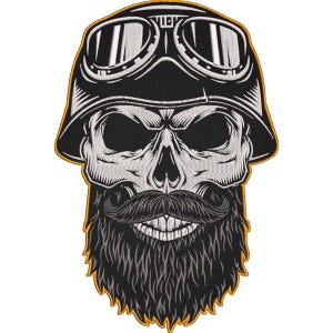 May include: Embroidered patch featuring a skull wearing a motorcycle helmet and goggles. The skull has a long, dark beard and a handlebar mustache. The design is outlined in yellow.