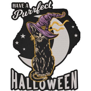 May include: Embroidered patch featuring a black cat wearing a purple witch hat, set against a crescent moon and stars. The text "HAVE A Purrfect HALLOWEEN" is displayed in white, creating a spooky and festive design.