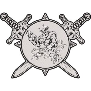 May include: A black and white embroidered patch featuring a central circular emblem with a horned warrior holding a hammer. Two crossed swords are positioned behind the circle, which is accented with decorative scrollwork and pointed edges.
