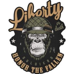 Op de afbeelding: Geborduurde patch met een gorilla met een militaire helm. De patch bevat de tekst "Liberty or Death" en "Honor the Fallen Soldiers" in een cirkelvormig ontwerp. De gorilla is afgebeeld in zwart, wit en tinten groen en bruin.