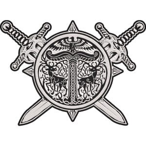 May include: A black and white embroidered patch featuring two crossed swords behind a circular emblem. The emblem displays a central letter T, two deer facing each other, and an eagle at the top, all rendered in intricate, high-contrast thread work.