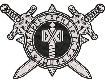 Viking Mjölnir Thor Hammer Rune Circle with Crossed Swords Embroidered Patch – Norse Mythology Symbol 30x21cm-12x9"