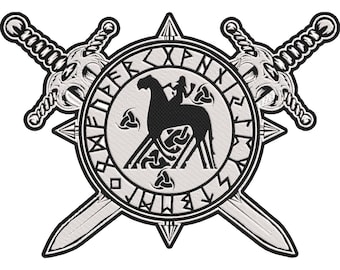Viking Goat Rune Patch – Norse Mythology Goat with Runic Circle Embroidered Back Patch with Viking Swords 30x21cm-12x9"