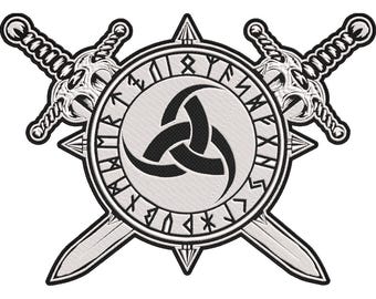 Norse Viking Triquetra Rune Circle with Crossed Swords Embroidered Patch – Nordic Symbol Design 30x21cm-12x9"