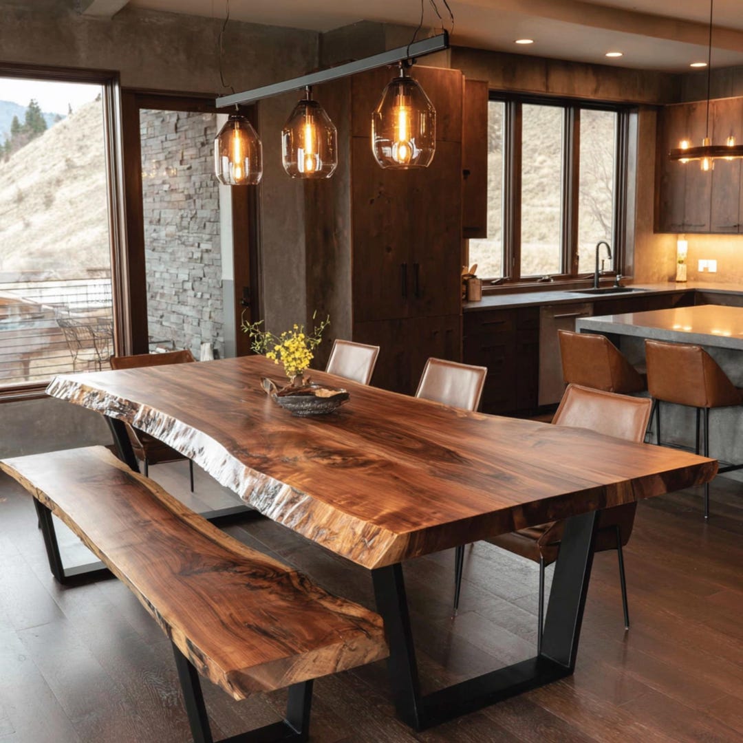 Solid Walnut Live Edge Dining Table – Modern Rustic Farmhouse Wood Slab ...