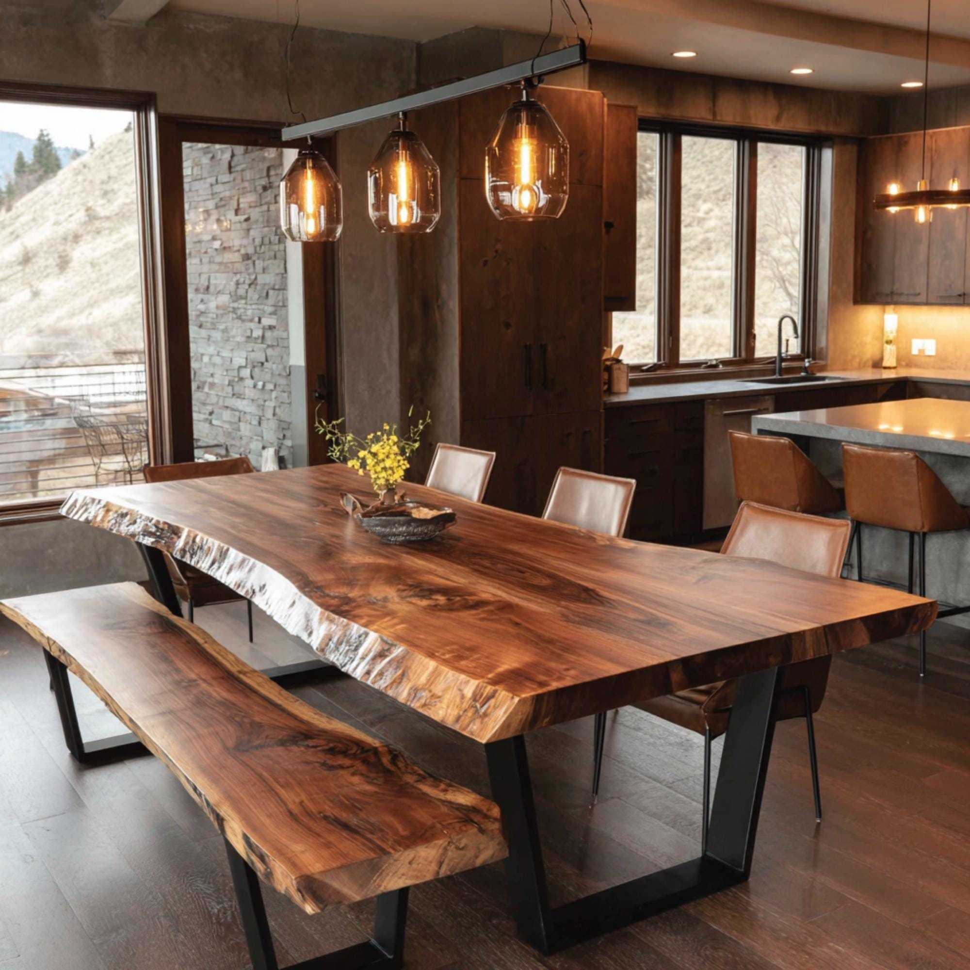 Solid Walnut Live Edge Dining Table – Modern Rustic Farmhouse Wood Slab ...