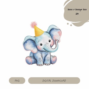 Baby Elephant PNG Watercolor Clipart Cute Safari Animal with Party Hat Digital File for Baby Shower Invitation Birthday Card Nursery