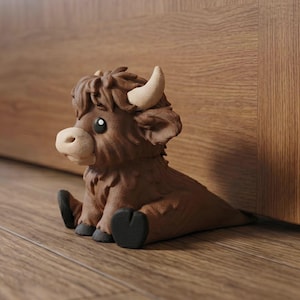 May include: A brown Highland cow doorstop featuring a shaggy coat, light-colored horns, and black hooves. The figure is depicted in a seated position with its body extending backward to wedge securely beneath the base of a wooden door.