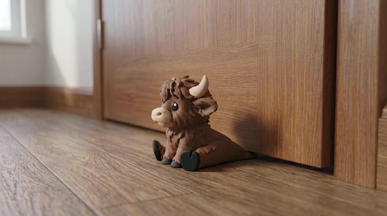 May include: A brown Highland cow doorstop featuring a shaggy coat, light-colored horns, and black hooves. The figure is depicted in a seated position with its body extending backward to wedge securely beneath the base of a wooden door.