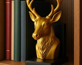 Sujetalibros con forma de cabeza de ciervo – Oro y madera PLA. Regalo moderno para amantes de los libros y decoración del hogar.