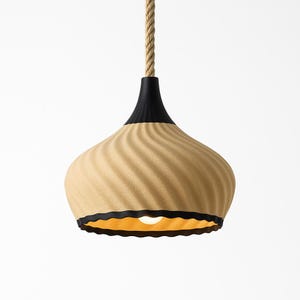 3D Printed Pendant Light – Modern Wave Design Ceiling Lamp – Handmade Lighting – Organic PLA – Beige & Black