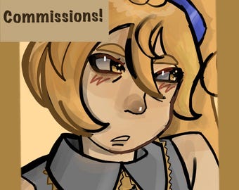 May include: Digital art portrait of a person with blonde hair and a blue ribbon. The artwork features a neutral expression with blush on the cheeks. The text "Commissions!" is displayed in a brown box.