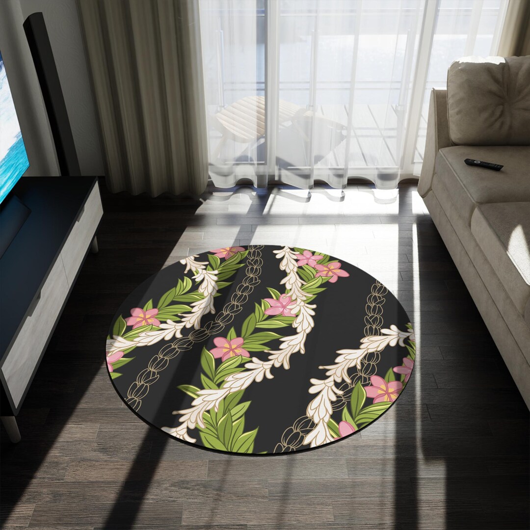 Round Rug, Hawaiian Aloha Style Office Living Room Bedroom Maile Pikake ...