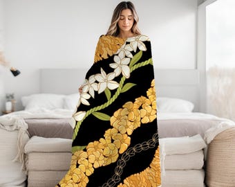 Hawaiian Puakenikeni Pikake Maile Ilima Flower Blanket - Velveteen Plush, Aloha Throw, Soft Flower Blanket, Aloha Collection Blanket