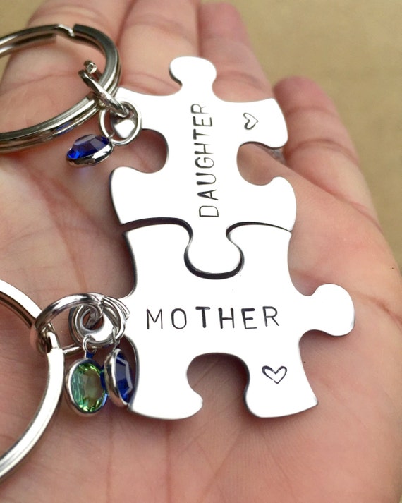 Mother Daughter Puzzle Keychain Set, Hand Stamped, Swarovski