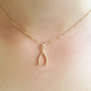 Puede incluir: Un collar de cadena de oro con un pequeño colgante de hueso de la suerte de oro.