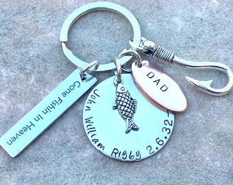 Gone Fishing In Heaven Keychain, Memorial Keychains, Memorial Gifts, Hand Stamped Keychains, Personalized Father's Day