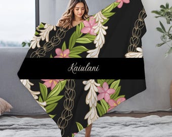 Hawaiian Maile Pikake Plumeria Lei Floral Blanket - Velveteen Plush, Aloha Throw, Soft Flower Blanket, Aloha Collection Blanket, Christmas