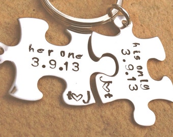 her one his only, couple keychain, Boyfriend Gift, for him and her, anniversary gifts, puzzle key chain, always and forever, hand stamped