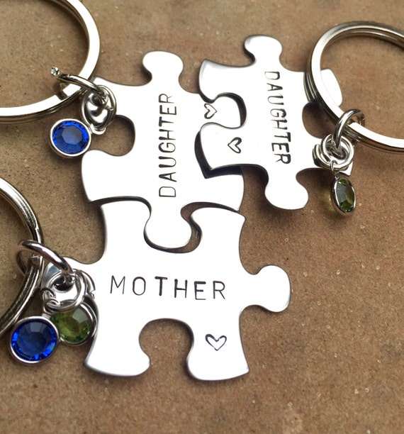 Mother Daughter Puzzle Keychain Set, Hand Stamped, Swarovski
