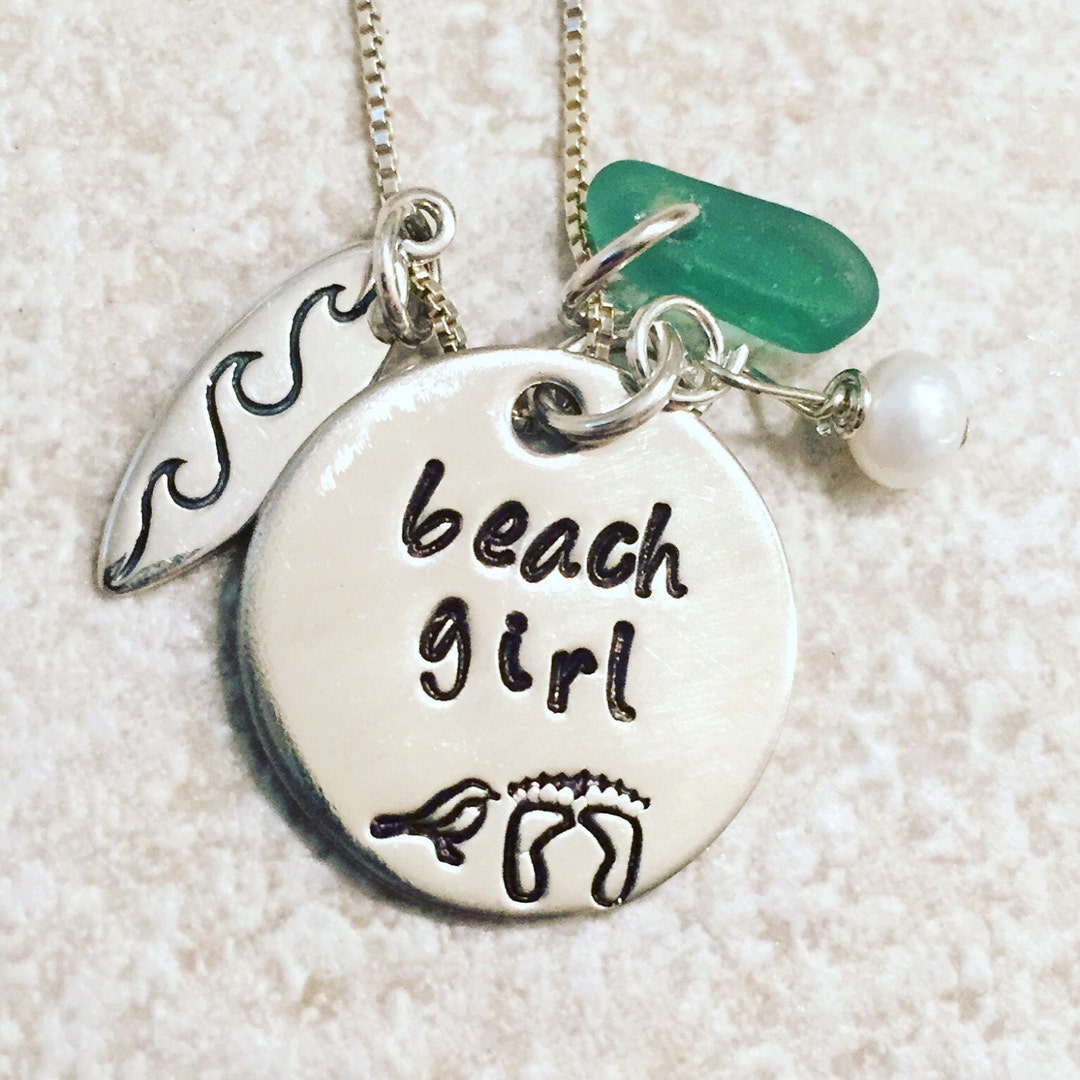 Surfer Girl Necklace, Surf Board Necklace, Sea Glass Necklace, Beach