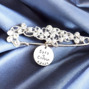 Engraved Wedding Bridal Pin, Wedding Bouquet Pin, Something Blue Pin,Custom Wedding Something Blue, Something Blue for Bride, Blue, Gold Pin