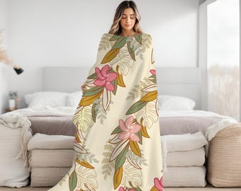 Hawaiian Maile, Mostera, Palapalai Plumeria Lei Floral Blanket - Velveteen Plush, Aloha Throw, Soft Flower Blanket, Aloha Collection Blanket