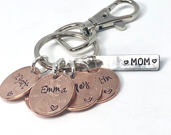 Personalized Penny Keychain, Custom Names, Aluminum Bar, Mom, Graduation Gift