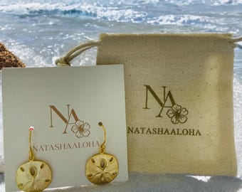 Pendientes de dólar de arena rellenos de oro de 14 kt, joyería hawaiana