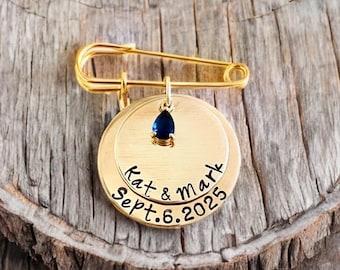 Engraved Wedding Bridal Pin, Wedding Bouquet Pin, Something Blue Pin,Custom Wedding Something Blue, Something Blue for Bride, Blue, Gold Pin
