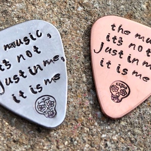 Puede incluir: Dos púas de guitarra con un diseño de calavera y el texto "the music, its not Just in me, it is me".