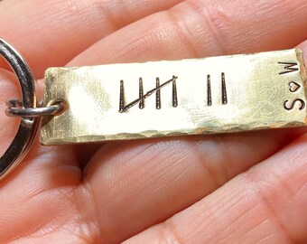 Tally Mark Keychain, Personalized Anniversary Gift, Hand Stamped Initials