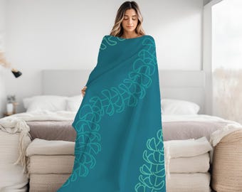 Velveteen Plush Blanket - Hawaiian Lei, Hawaii Floral Teal Pua Flowers Gifts, Warm Cozy Throw, Home Decor