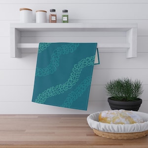 Hawaiian Lei Tea Towel, Tropical Kitchen Decor, Teal Pua Flower Cotton Hand Towel, Hawaiian Lei Kitchen Towel, Beach House Decor