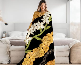 Manta hawaiana Puakenikeni Pikake Maile Ilima - felpa de terciopelo, lanzamiento Aloha, manta de colección Aloha, manta personalizada, regalo de Navidad