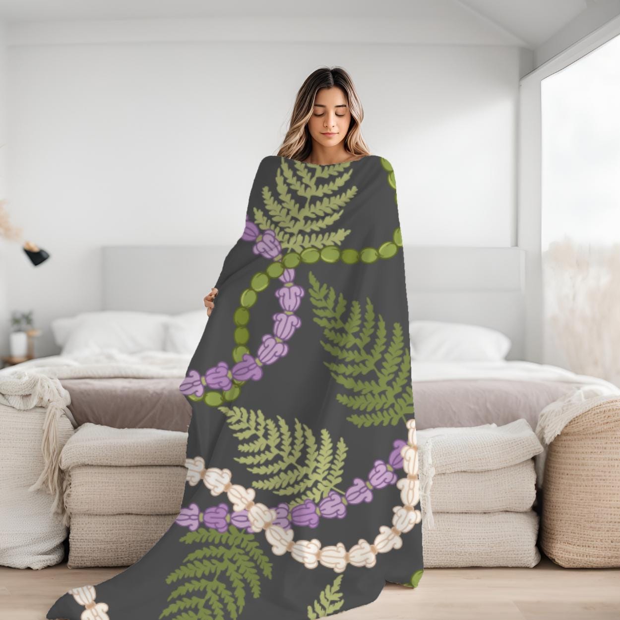 Hawaiian Crown Flower Mokihana Lei and Palapalai Blanket