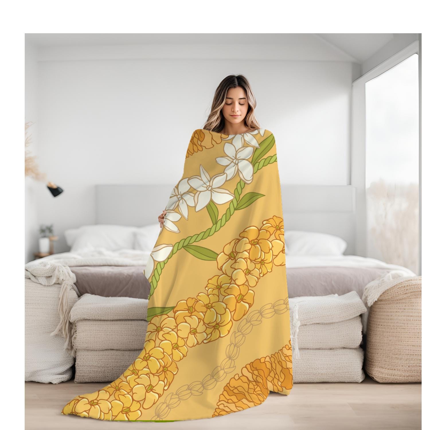 Hawaiian Puakenikeni Pikake Maile Ilima Flower Blanket - Velveteen